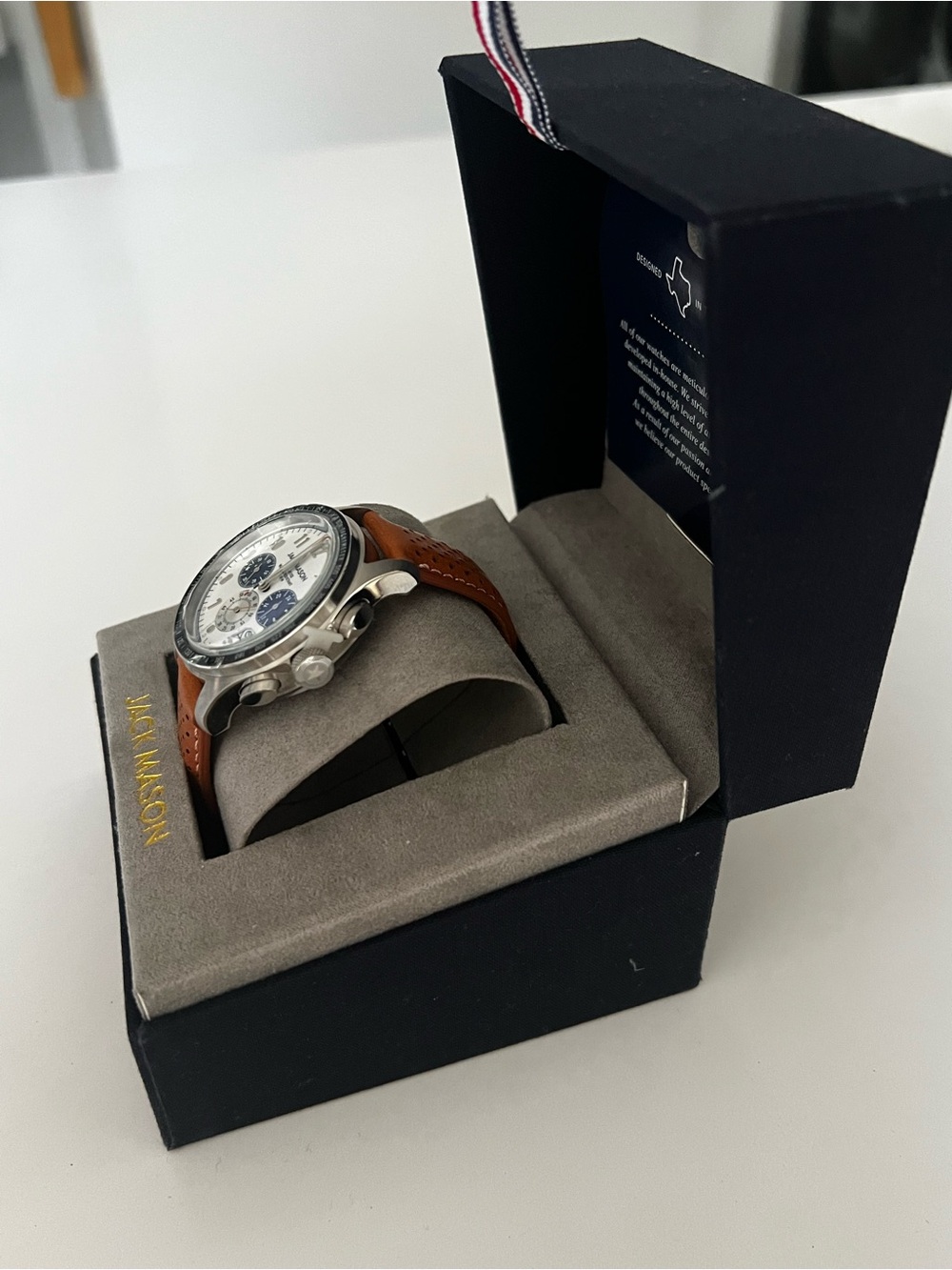 Men’s Jack Mason White/Blue Dial Chronograph Watch with Brown Leather Strap - Picture 10 of 12